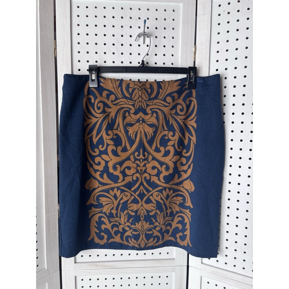J McLaughlin Knee Length Pencil Skirt Navy Rust Geo Print Women's 14 Rayon Blend